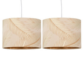 First Choice Lighting Set of 2 Tropica Champagne with Gold Embossed Leaf Detail 25cm Ceiling Pendant or Table Lamp Shades