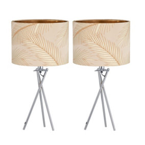 First Choice Lighting Set of 2 Tropica Chrome Tripod Table Lamps with Champagne and Gold Leaf Embossed Shade