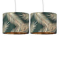 First Choice Lighting Set of 2 Tropica Dark Green with Gold Embossed Leaf Detail 25cm Ceiling Pendant or Table Lamp Shades