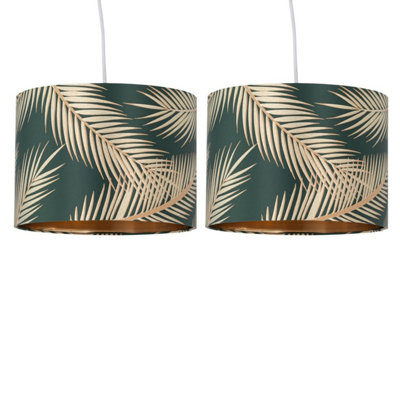First Choice Lighting Set of 2 Tropica Dark Green with Gold Embossed Leaf Detail 30cm Pendant Shades