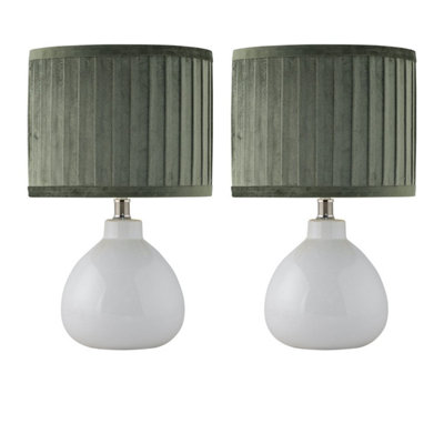 First Choice Lighting Set of 2 Tuscan White Ceramic Lamps with Green Pleated Velvet Shade
