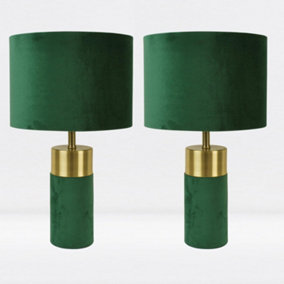 First Choice Lighting Set of 2 Velvet Antique Brass Green Table Lamp With Shades