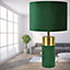 First Choice Lighting Set of 2 Velvet Antique Brass Green Table Lamp With Shades
