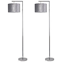 First Choice Lighting Set of 2 Velvet Chrome Grey Angled Floor Lamps