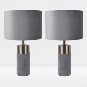 First Choice Lighting Set of 2 Velvet Satin Nickel Grey Table Lamp With Shades