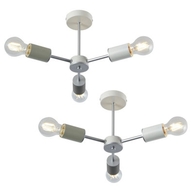 First Choice Lighting Set of 2 Vevo Monochrome White with Satin Silver 3 Arm Flush Ceiling Lights