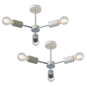 First Choice Lighting - Set of 2 Vevo Monochrome White with Satin Silver 3 Arm Flush Ceiling Lights