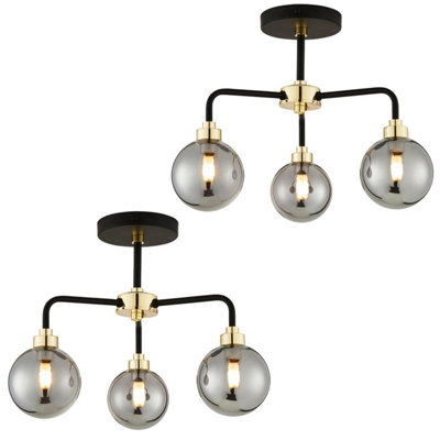 First Choice Lighting Set of 2 Victor Black Brass Smoked Glass 3 Light Flush Ceiling Lights