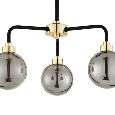 First Choice Lighting Set of 2 Victor Black Brass Smoked Glass 3 Light Flush Ceiling Lights