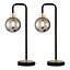 First Choice Lighting Set of 2 Victor Black Brass Smoked Glass Table Lamps