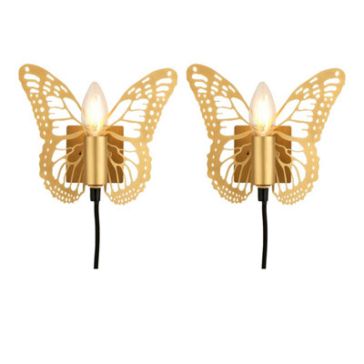 First Choice Lighting - Set of 2 Vivi Gold Butterfly Plug In Wall Lights