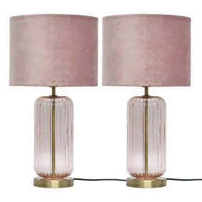 First Choice Lighting Set of 2 Walpole Blush Glass and Antique Brass 49cm Table Lamps with Pink Velvet Shade