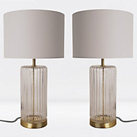 First Choice Lighting Set of 2 Walpole Bronze Clear Glass Ivory Table Lamp With Shades