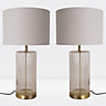First Choice Lighting Set of 2 Walpole Bronze Clear Glass Ivory Table Lamp With Shades