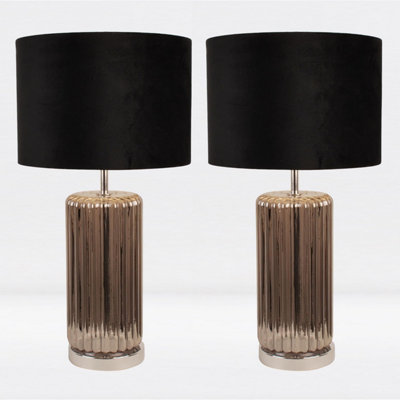 First Choice Lighting Set of 2 Walpole Brushed Chrome Smoke Glass Black Table Lamp With Shades