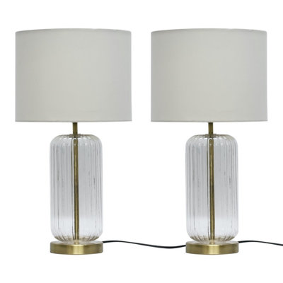 First Choice Lighting Set of 2 Walpole Clear Fluted Glass and Antique Brass 49cm Table Lamps with Ivory Fabric Shade