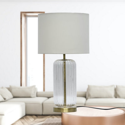 First Choice Lighting Set of 2 Walpole Clear Fluted Glass and Antique Brass 49cm Table Lamps with Ivory Fabric Shade