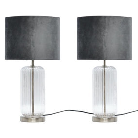 First Choice Lighting Set of 2 Walpole Clear Fluted Glass and Brushed Chrome 49cm Table Lamps with Grey Velvet Shade