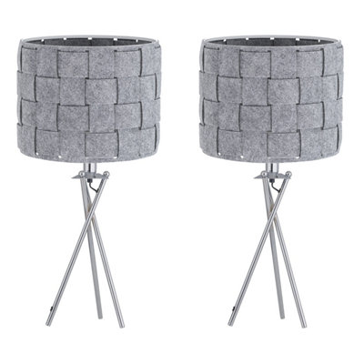 First Choice Lighting Set of 2 Warner Chrome Tripod Table Lamps with Grey Pleated Felt Shades