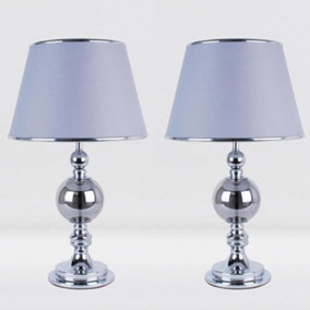 First Choice Lighting Set of 2 York Chrome Grey Table Lamp With Shades