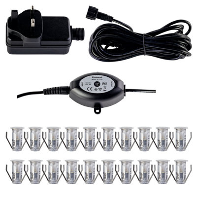 First Choice Lighting Set of 20 15mm Stainless Steel IP67 Warm White LED Plinth Decking Kit with Dusk til Dawn Photocell Sensor