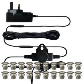 First Choice Lighting Set of 20 30mm Stainless Steel IP67 Cool White LED Decking Kit with Dusk til Dawn Photocell Sensor