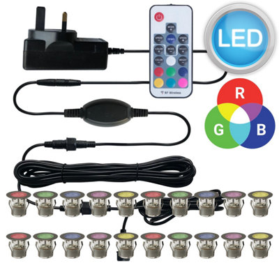 First Choice Lighting Set of 20 30mm Stainless Steel IP67 RGB Colour Changing LED Plinth Decking