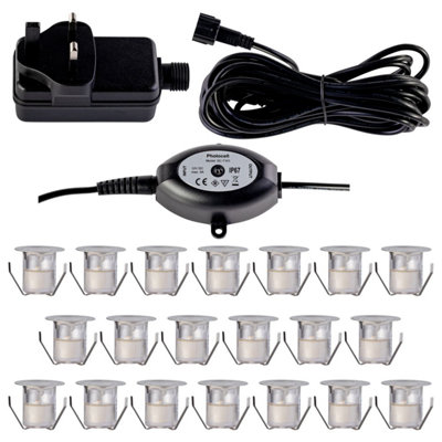 First Choice Lighting Set of 20 30mm Stainless Steel IP67 Warm White LED Plinth Decking Kit with Dusk til Dawn Photocell Sensor