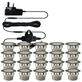 First Choice Lighting Set of 20 45mm Stainless Steel IP67 Cool White LED Decking Kit with Dusk til Dawn Photocell Sensor