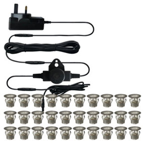 First Choice Lighting Set of 30 30mm Stainless Steel IP67 Warm White LED Plinth Decking Kit with Dusk til Dawn Photocell Sensor