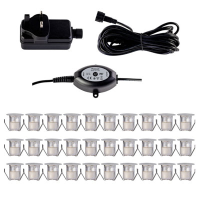 First Choice Lighting Set of 30 30mm Stainless Steel IP67 Warm White LED Plinth Decking Kit with Dusk til Dawn Photocell Sensor