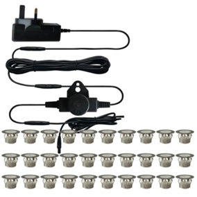First Choice Lighting Set of 30 45mm Stainless Steel IP67 Cool White LED Plinth Decking Kit with Dusk til Dawn Photocell Sensor