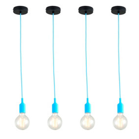 First Choice Lighting - Set of 4 Flex Blue Silicone Ceiling Pendant Lights with Black Ceiling Rose