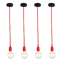 First Choice Lighting - Set of 4 Flex Red Silicone Ceiling Pendant Lights with Black Ceiling Rose