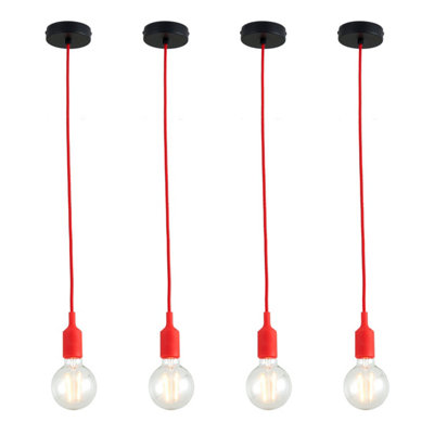 First Choice Lighting - Set of 4 Flex Red Silicone Ceiling Pendant Lights with Black Ceiling Rose