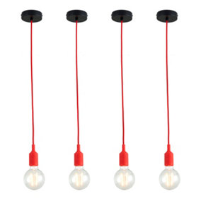 First Choice Lighting - Set of 4 Flex Red Silicone Ceiling Pendant Lights with Black Ceiling Rose