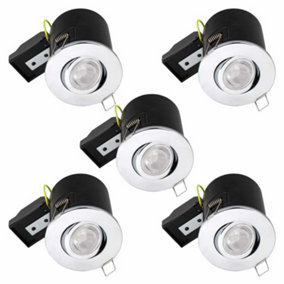 First Choice Lighting Set of 5 Chrome Fire Rated Tilt Recessed Ceiling Downlights with Warm White LED Bulbs
