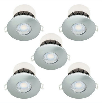 First Choice Lighting Set of 5 Fire Rated LED Bathroom Downlights Brushed Steel IP65 Recessed Downlights