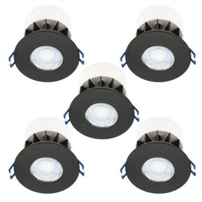 First Choice Lighting Set of 5 Fire Rated LED Bathroom Downlights Matt Black IP65 Recessed Downlights