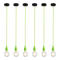 First Choice Lighting - Set of 6 Flex Green Silicone Ceiling Pendant Lights with Black Ceiling Rose