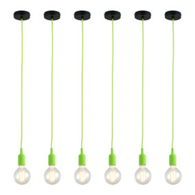 First Choice Lighting - Set of 6 Flex Green Silicone Ceiling Pendant Lights with Black Ceiling Rose