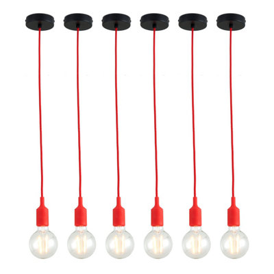 First Choice Lighting - Set of 6 Flex Red Silicone Ceiling Pendant Lights with Black Ceiling Rose