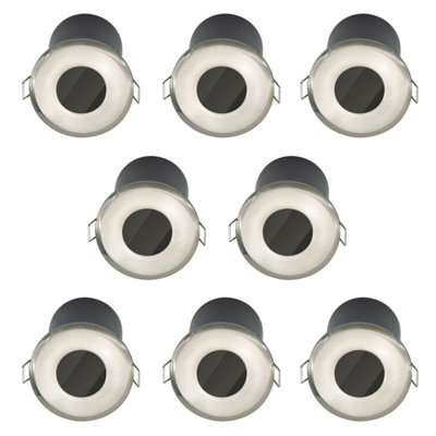 First Choice Lighting Set of 8 Fire Rated Bathroom Downlights Brushed Steel IP65 Recessed Downlights