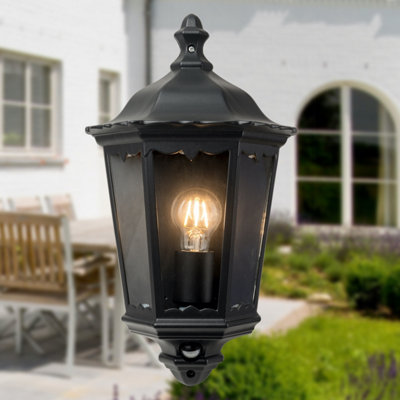 First Choice Lighting Sienna Black with Clear Glass IP44 Outdoor Half Lantern Wall Light with PIR Motion Sensor