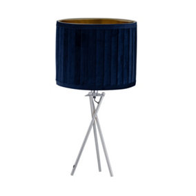First Choice Lighting Sundance Chrome Tripod Table Lamp with Navy Blue Pleated Velvet Shade