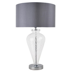 First Choice Lighting Swirl Chrome Clear Glass Grey Table Lamp With Shade