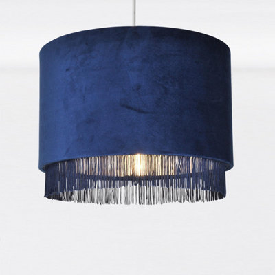 First Choice Lighting Tassle Chrome Navy Easy Fit Fabric Pendant Shade