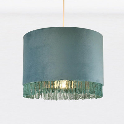 First Choice Lighting Teal Velvet With Chrome Inner Tassled Light Shade