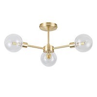 First Choice Lighting Toner Satin Brass with Clear Glass Globes 3 Light Flush Ceiling Light