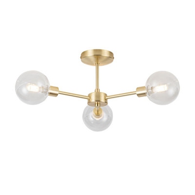 First Choice Lighting Toner Satin Brass with Clear Glass Globes 3 Light Flush Ceiling Light